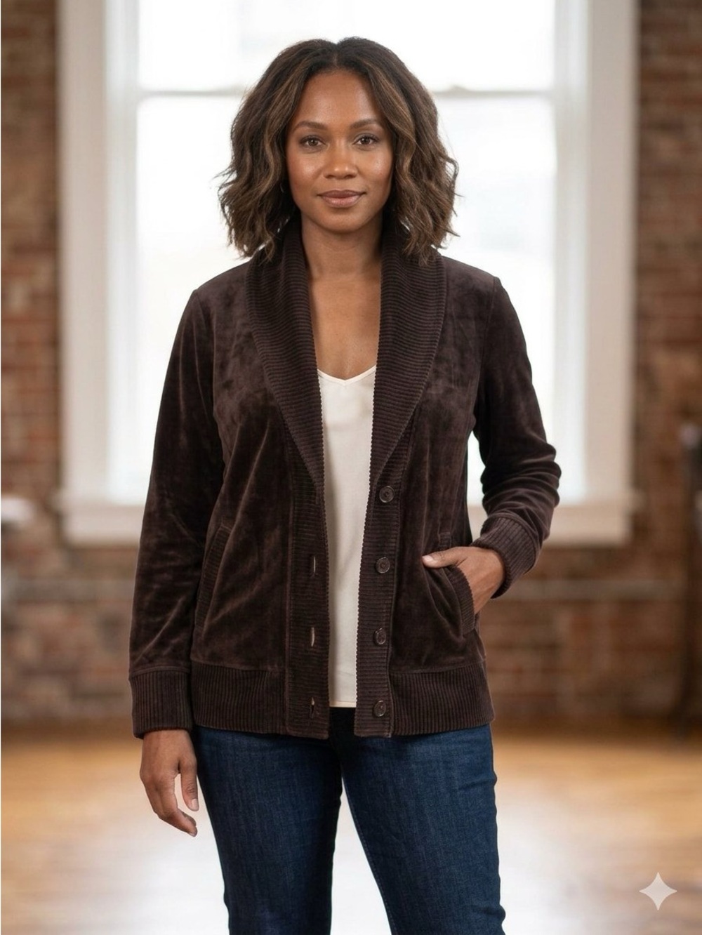 Jones New York Signature Velour Shawl Collar Cardigan Jacket - Espresso Brown L